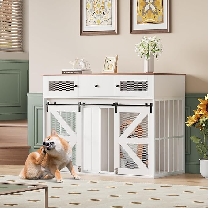 YITAHOME 48" Wooden Dog Crate Furniture with Removable Divider, Large Dog Kennel with Drawers, Double Doors & Locks Design, Dog Crate Furniture TV Stand for Medium Large Dogs