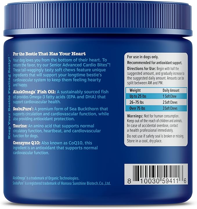 Zesty Paws Cardiovascular Support for Dogs - Taurine for Dogs - with CoQ10, L Carnitine & Sea Buckthorn - Senior Heart Health - AlaskOmega Fish Oil Omega 3 - Senior - Salmon - 90 Count