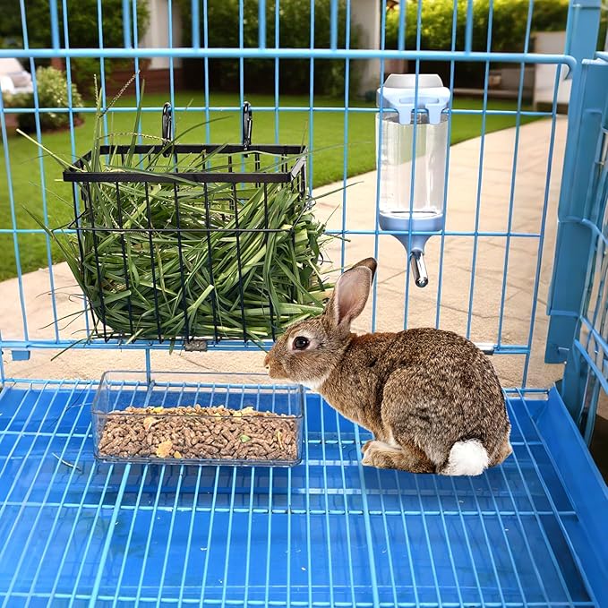 SANGLE SOPFFY Rabbit hay Feeder Small Animal Feeding Set with 350ml Water Bottle, Hay Rack, Pellet Dish for Guinea Pigs, Chinchillas, Bunny- Multifunctional Pellet Food Bowl Dispenser