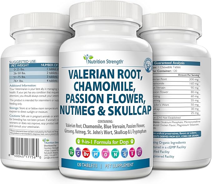 9-in-1 Valerian Root for Dogs 200mg Chamomile 160mg Blue Vervain 90mg Passion Flower 80mg Ginseng 60mg Nutmeg 55mg St John's Wort 50mg Skullcap L-Tryptophan for Dogs 120 Tablets