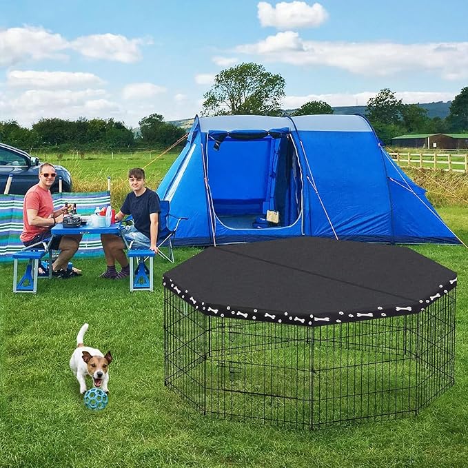 Dog Pen Pet Playpen Dog Fence Indoor Foldable Metal Wire Exercise Puppy Play Yard Pet Enclosure Indoor Outdoor 8 Panels 24 Inch with Bottom Pad (Bottom Cover Fence with Printing)