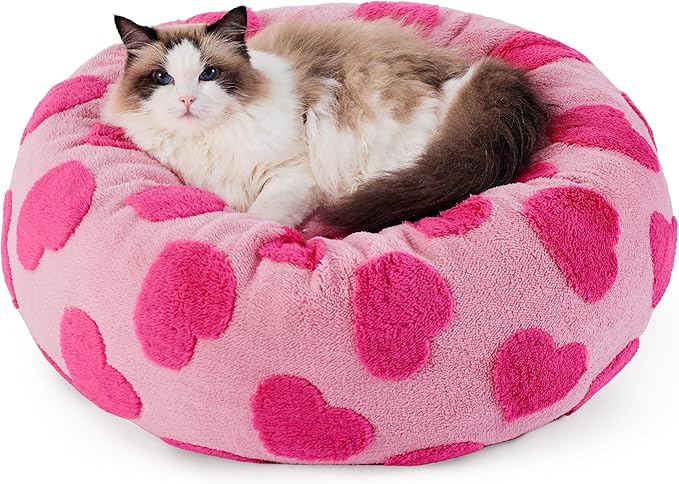 Lesure Donut Small Dog Bed - Round Cat Beds for Indoor Cats Anti-Anxiety Calming Pet Beds, Washable Cute Modern Beds with Teddy Sherpa Plush & Anti Slip Bottom, 20 Inch, Heart Pink