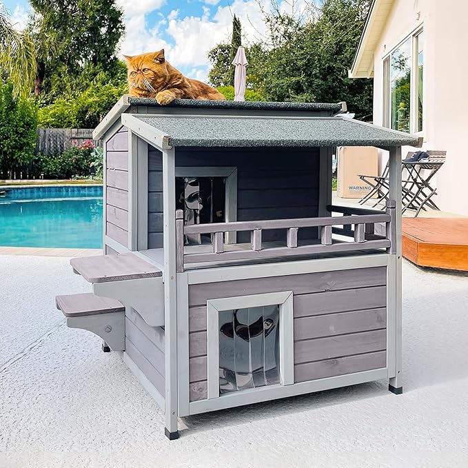 Aivituvin Cat House Indoor 2 Story Feral Cat Shelter for Winter Outdoor Large Size Cat Enclosure for Multiple Cats