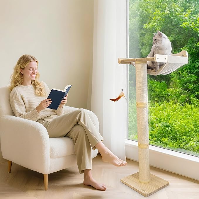 Upgraded Cat Window Perch with Scratching Post, 47.3" Adjustable Cat Tall Scratching Posts & Suction Cup – Multi-Level Perch for Climbing, Bird Watching, and Play, Supports 50 lbs (Drilling-Free)
