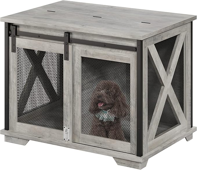 GAOMON Dog Crate Furniture with Slidings Doorsï¼_ooden Dog Kennel End Table with Flip-top Plate for Dogsï¼_ndoor Dog Crate Furniture with Detachable Divider for Medium Dogs, Dog House,Grey