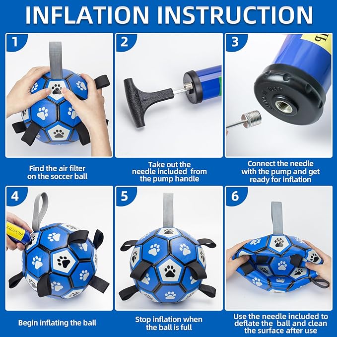 QDAN Dog Ropes Toys Soccer Ball with Straps, Interactive Dog Toys for Tug of War, Puppy Birthday Gifts, Dog Tug Toy, Dog Water Toy, Durable Dog Balls for Small & Medium Dogs-Blue&Grey(6 Inch)