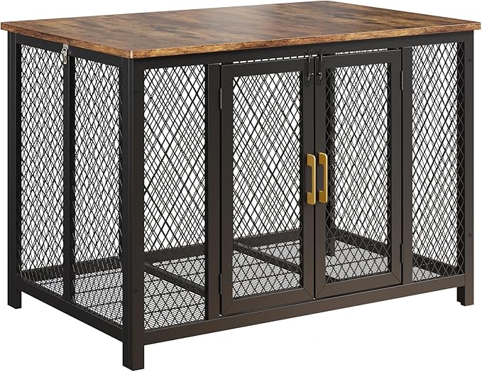 48 Inch Flip Top Dog Crate Furniture, Large Dog Kennel with 2 Doors, Latches, Heavy Duty Metal Dog Cage End Table, Farmhouse Dog Furniture for Large Medium Small Dogs, Brown