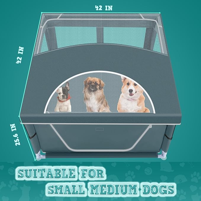 42x42x26 Inch Puppy Playpen with Cover, Dog Playpen for Puppies or Small Dogs, Pet Playpen for Indoor & Outdoor, Sturdy DogPen with Thickened Fabric, High-Strength Nylon Wire Mesh, Green