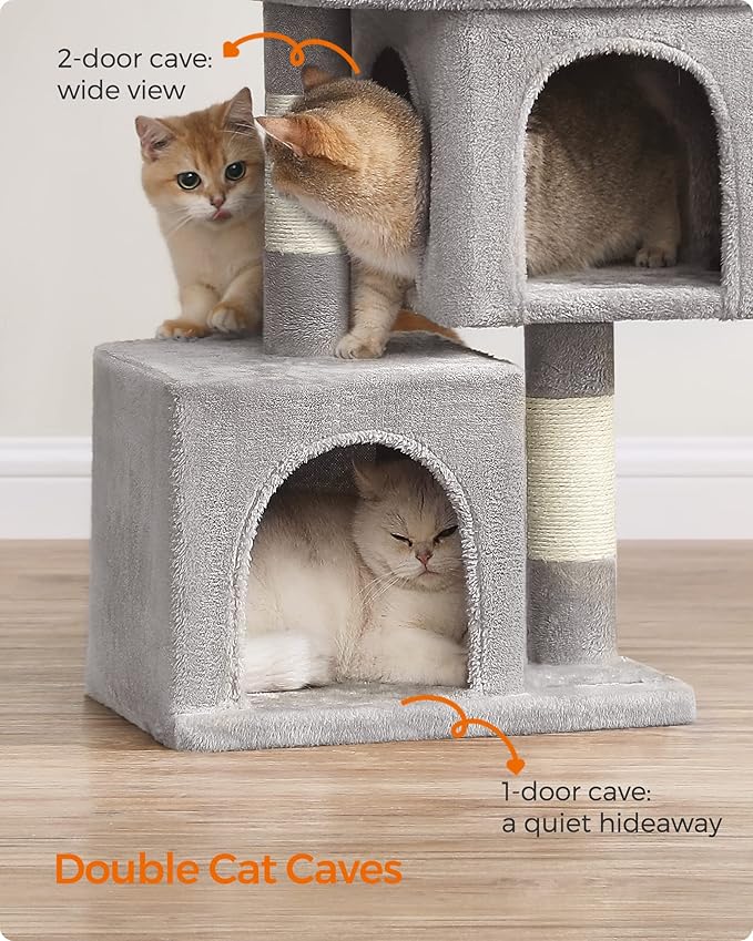Feandrea Cat Tree, 26.4-Inch Cat Tower, S, Cat Condo for Kittens up to 7 lb, Large Cat Perch, 2 Cat Caves, Scratching Post, Light Gray UPCT611W01