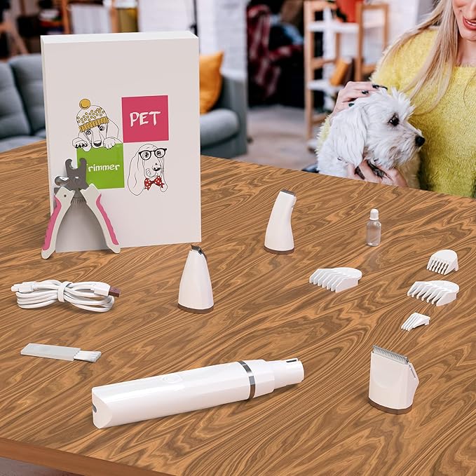 ENERTWIST Dog Clippers Grooming Kit,4 in 1 Low Noise Dog Paw Trimmer and Nail Grinder for Small Pets,Cordless Quiet Cat Grooming Kit for Pet Hair Around Ears, Eyes, Face, Paws