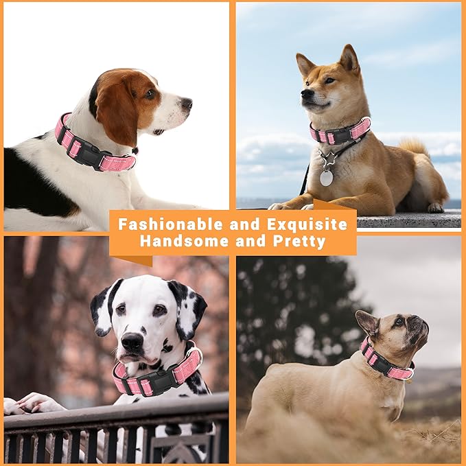 2 Pack Reflective Dog Collar with Safety Locking Buckle, Adjustable Soft Breathable Comfortable Nylon Pet Collar for Small, Medium and Large Dogs, Pink, M