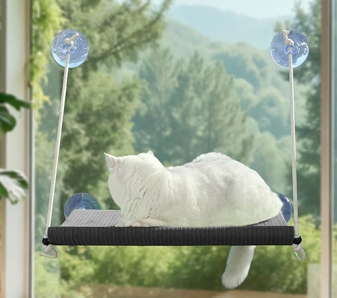 Cat Window Perch for Large Cats,Foldable Hammock with 4 Heavy Duty Suction Cups,Solid Metal Frame,Scratchable Felt Feline Bed for Sunbathing,Napping & Overlooking(Grey)