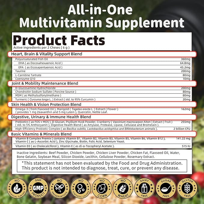 25-in-1 Dog Multivitamin Chews All-in-One Daily Vitamins & Supplements for Dogs, Joint Support with Glucosamine MSM, Omega-3 Skin & Coat, Gut, Heart & Brain, All Breeds & Ages, Beef, 60Ct