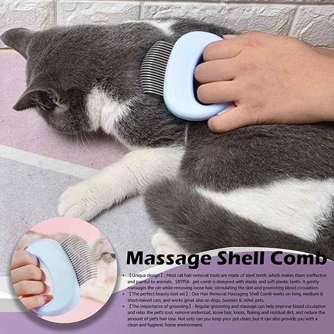 SKYPIA Dog & Cat Combs For Home Grooming Massage Kit 2-IN-1 Detangler Brush with Massaging Shell Comb For Long & Curly Hair, Removes Knots, Mats and Tangles Pet Hair Remover Soft Dematting and Deshedding For Dog Puppy Rabbit (Blue, 2 Pcs)