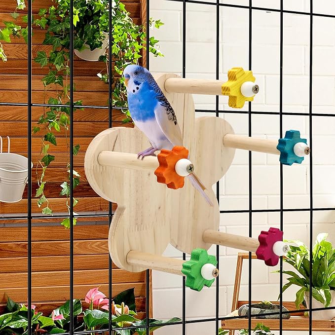 2 Pcs Bird Rotating Perch Toy,Durable Unique Wooden Ferris Wheel Parrot Toys with 5 Perches,Bird Cage Accessories for Parakeet, Cockatiel, Budgerigar,Conures, Lovebirds(Rotating-5cha-2P)