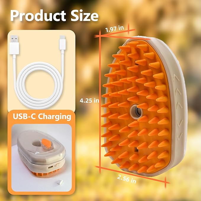 4 in 1 Steam Brush for Cats & Dogs - Rechargeable Massaging & Cleaning Brush for Long & Short Haired Pets (Orange)