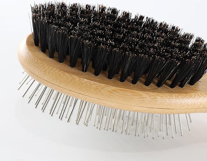 Double Sided Dog Brush Pin and Boar Bristle Pet Grooming Comb for Long or Short Haired Dogs and Cats Removing Shedding Tangles and Dead Undercoat