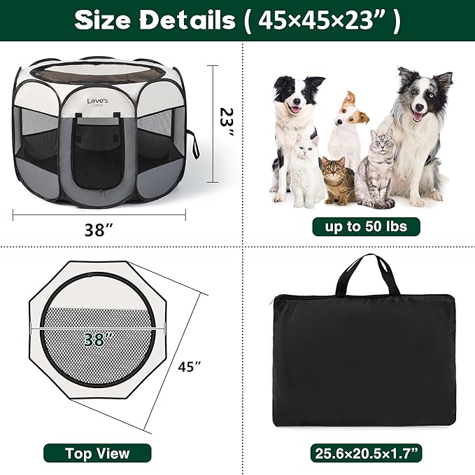 Love's cabin Pet Puppy Dog Playpen, Large Dog Tent Crates Cage Indoor/Outdoor, Portable Playpen for Cat, Foldable Pop Up Dog Kennel Playpen with Carring Case, Removable Zipper Top, Grey