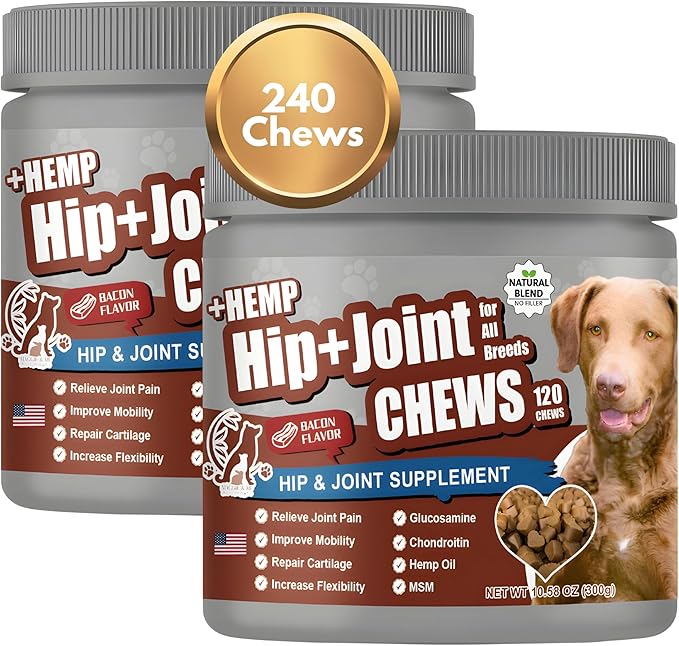 2-Pack Dog Pain Relief Hip and Joint Supplements | Glucosamine for Dogs 600mg | Organic Hemp Seed Powder/Oil 650mg | Chondroitin, MSM, Turmeric, Vitamins C & E+ | 240 Bacon Mobility Supplements