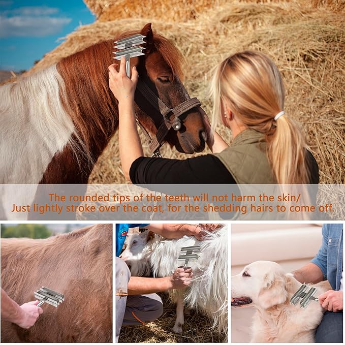 Heavy Duty Livestock Shedding Comb Dog Brush for Shedding Horse Cattle Sheep Large Pets Grooming Tool Dual-Sided Full Stainless Steel Shed Blade