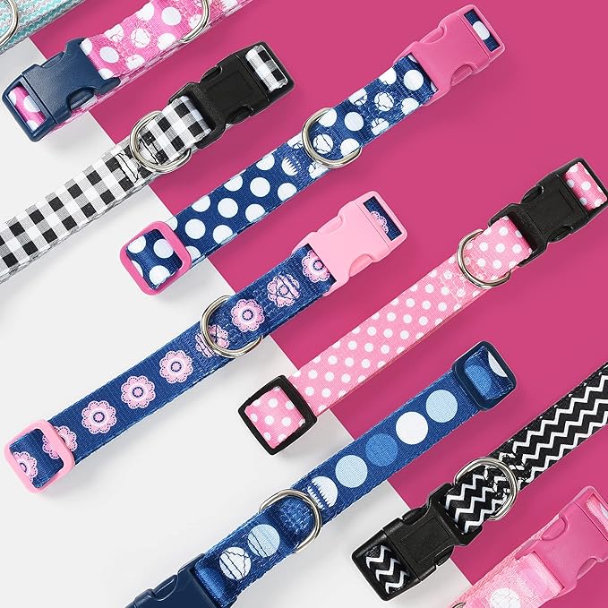 Mile High Life Dog Collar | Cute Puppy Collars | Lightweight Girl Dog Collar | Soft Boy Dog Collars | w Geometric Plaid Wave Line Pattern (Blue/White, Medium)