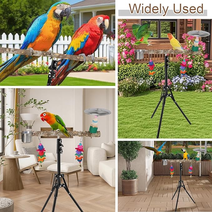 72" Parrot Stand, Adjustable Height Bird Perch, Pepper Wood Perch Stand, Parakeet Perches with Feeding Cups, Swing Toy, Toy Cymbals,Parrot Stands for Indoor & Outdoor Small to Medium Bird.