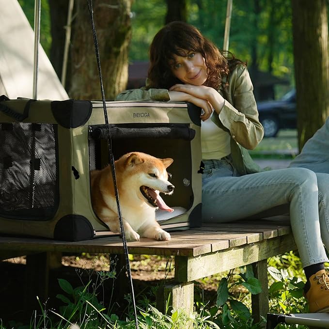 EHEYCIGA Collapsible Dog Crate 30 Inches, Portable Travel Crate for Medium Dogs, Soft Foldable Pet Kennel with 4-Door Mesh Windows Indoor & Outdoor, Green