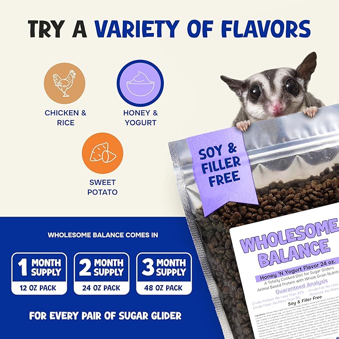 Wholesome Balance Sugar Glider Food - Honey & Yogurt | 3 lbs of Premium Dense Food for Sugar Gliders and Small Animals - 4 Months Supply