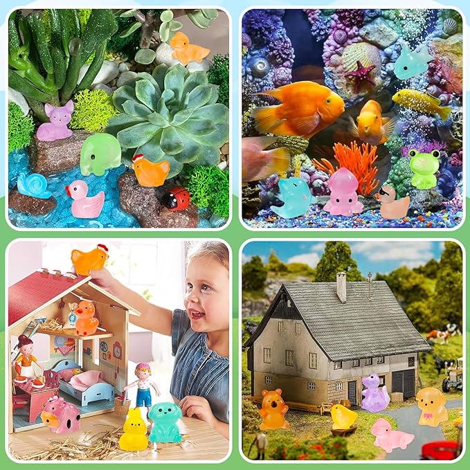 180pcs Luminous Mini Resin Animals Colorful Tiny Small Little Glow in the Dark Mini Resin Figures to Hide Miniature Animal Figurines for DIY Dollhouse Micro Garden Landscape Aquarium Decor Gift Crafts