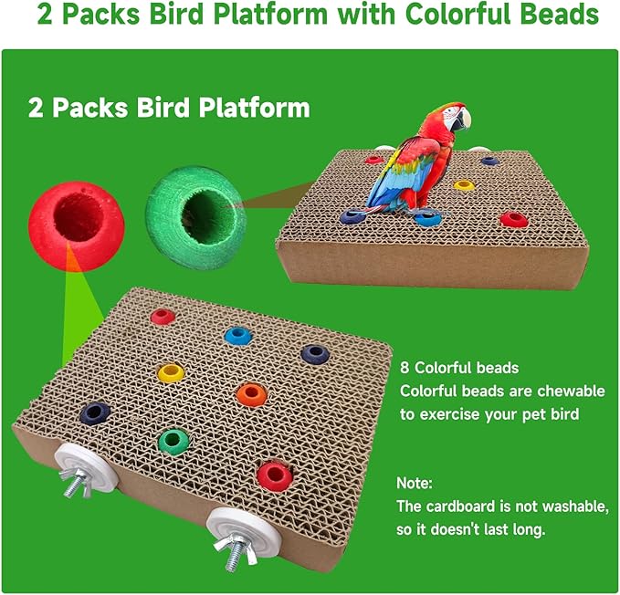 2PCS Bird Chew Toys Parrot Cardboard Perch for Cage Bird Resting Platform Stand with Colorful Beads Parrot Playground Exercise Toys Parakeets Cage Accessories for Conures, Budgies
