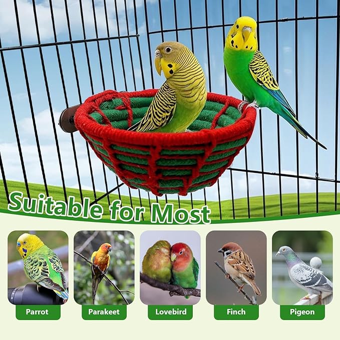 Bird Nest for Cage,Parrot Breeding Nest,Handwoven Cotton Rope Parakeet Bed,Canary Nesting House for Budgie,Finch,Cockatiel,Conure,Lovebird, Small Birds,Red&Green