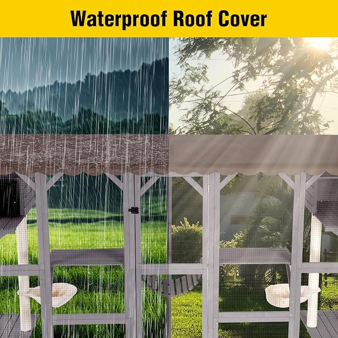 Aivituvin Cat Enclosure Window Outdoor Large Catio Wall Mounted Wooden Cat Cage with Cat Condo, Baskets and Bridge 104.3''