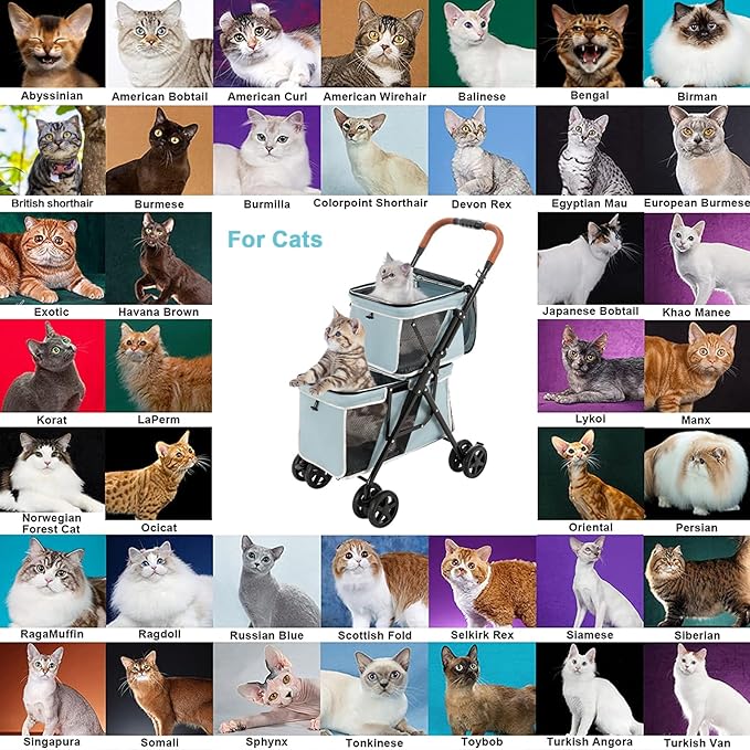 Double Pet Stroller for Dogs and Cats, One-Hand Folding Dog Stroller Travel Carriage for Small Medium Dogs Cats, 4 Wheels, Blue