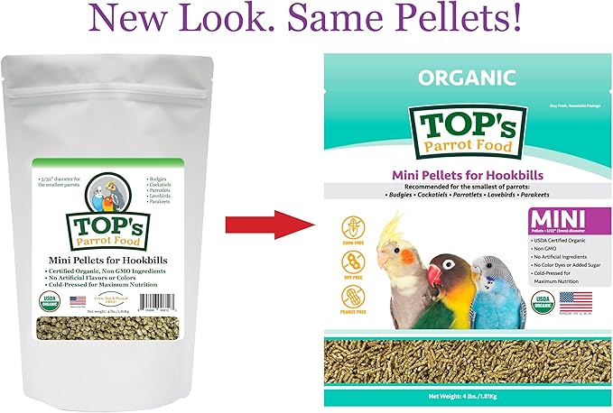 TOP's Parrot Food Mini Pellets Bird Food for Budgies, Cockatiels, Parrotlets, Lovebirds, Parakeets - Non-GMO, Peanut Soy & Corn Free, USDA Organic Certified - 4LBS
