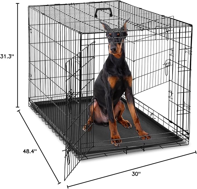 DUMOS Dog Crate, 48 Inch Extra Large Double Door Dog Cage with Divider Panel and Plastic Leak-Proof Pan Tray, Folding Metal Wire Pet Kennel for Indoor, Outdoor, Travel