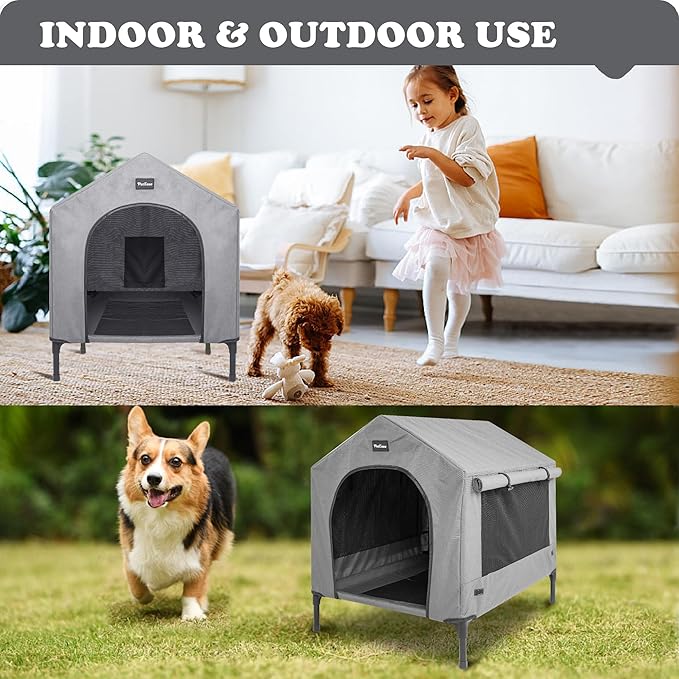 2 in 1 Dog House,Elevated Dog Bed with Removable Cover, Indoor & Outside Puppy Shelter Cot,Raised Dog Bed for Small Dogs & Cats (Grey, Small)