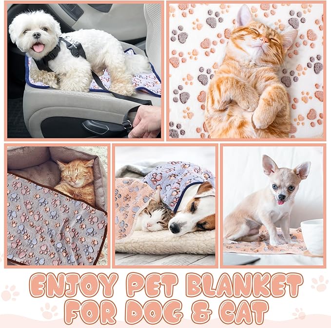 Chumia 40 Pcs Blankets Soft Fluffy Fleece Washable Pet Dog Sleep mat Paw Print Pattern Fleece Blankets for Pets Throw Warm Bed Mat for Dog Puppy Cat(24 x 16 Inch,Brown, White, Black, Blue)