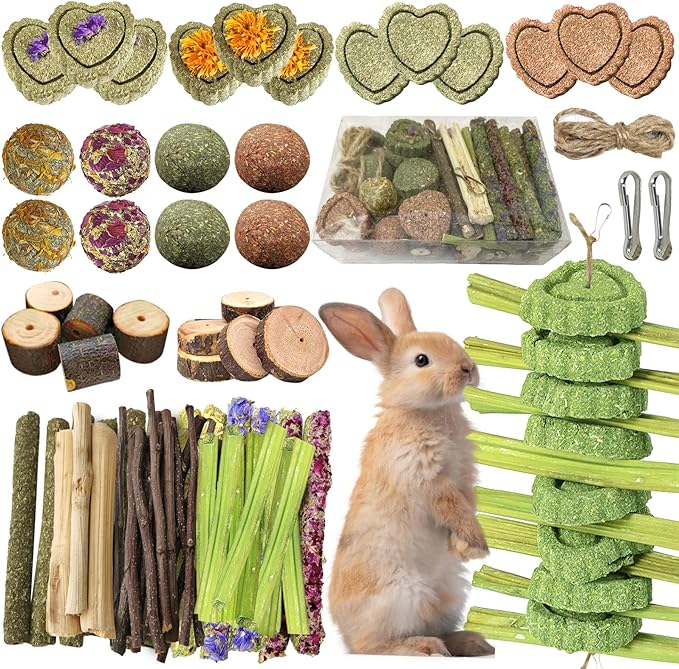 68pcs DIY Rabbit Chew Toys,Rabbit Toy for Bunnies Boredom Bunny Toys for Teeth, Timothy Stick, Apple Sticks, Sweet Bamboo, for Guinea Pig, Hamster, Chinchilla, Rat, Small Animals