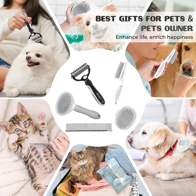 5 in 1 Dog Grooming Kit, Self Cleaning Slicker Brush for Shedding Short Long Haired Dogs & Cats, Includes Pet Comb, Flea Comb, Bath Brush, Undercoat Rake, Gray