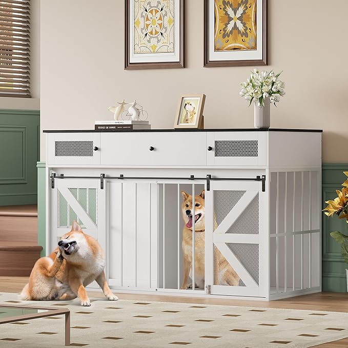YITAHOME 60" Wooden Dog Crate Furniture with Removable Divider, Large Dog Kennel with Drawers, Double Doors & Locks Design, Dog Crate Furniture TV Stand for Medium Large Dogs
