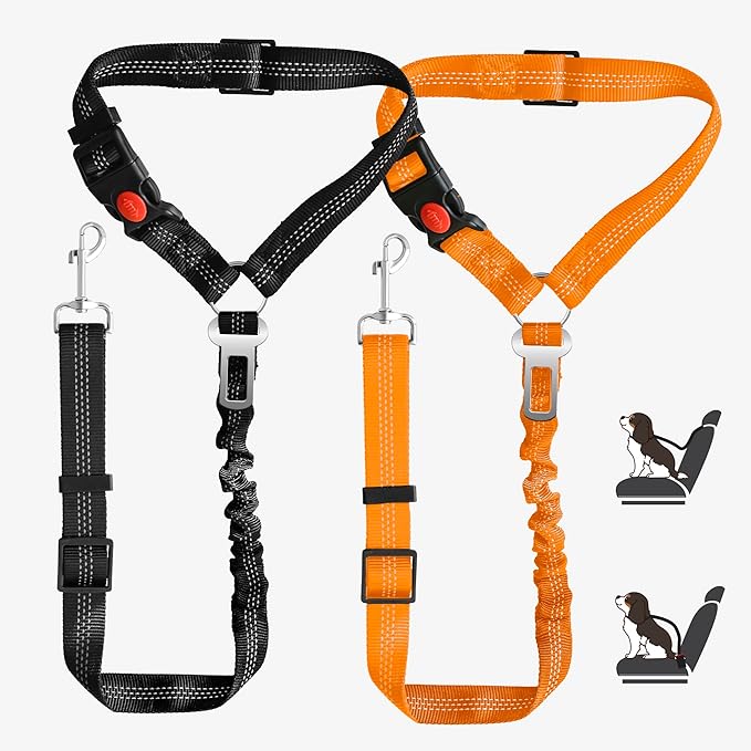 Dog Seat Belt, Adjustable Reflective Dog Car Seatbelt Leash, Elastic Bungee Buffer Heavy Duty Nylon Dog Harness for Travel Riding