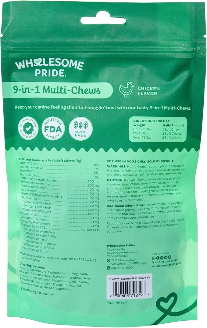 Wholesome Pride 9-in-1 Dog Multifunctional Soft Chews Joint Pain Relief, Hip & Joint Support, Immune, Skin, Gut, Heart, Brain Health Glucosamine, MSM, Chondroitin 90 Chews