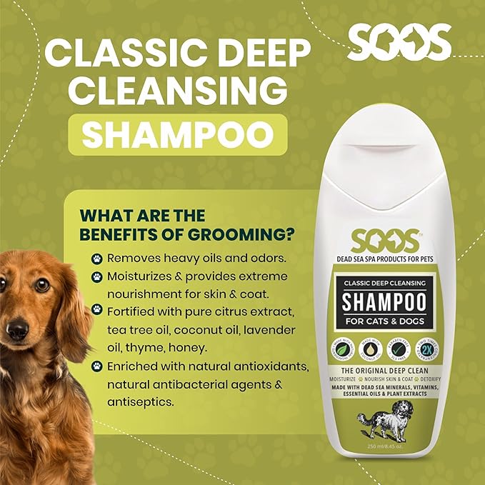 Soos Pets Dog Shampoo for Cats and Pets Natural Dead Sea Classic Deep Cleansing Fast Absorbing Coat with Vitamins Minerals Essential Oils Natural Ingredients Antib-acterial - 1x Pet Shampoo (250ml)