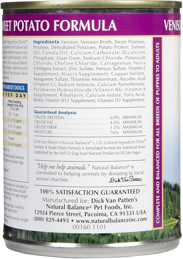 Natural Balance L.I.D. Limited Ingredient Diets Canned Wet Dog Food, Grain Free, Venison And Sweet Potato Formula, 13-Ounce (Pack Of 12)