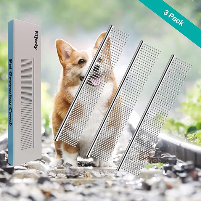 3 Pack Dog Combs for Grooming Matting, Metal Cat Comb with Round Ends, Stainless Steel Pet Grooming Comb for Removing Tangles and Knots for Long and Short Haired Dog (7.4 inches)