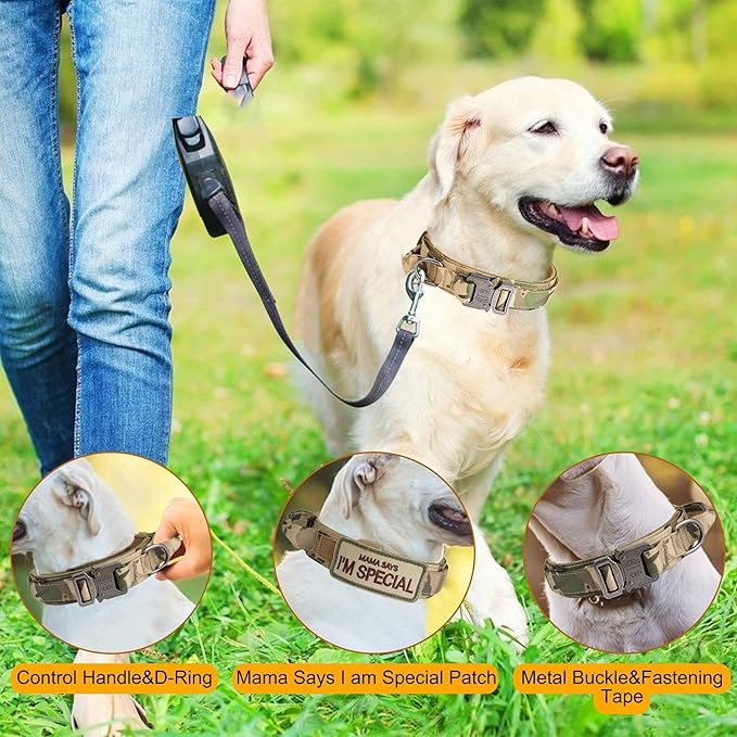 KCUCOP Tactical Dog Collar with Handle,Adjustable Military Dog Collar with Metal Buckle and Patches,Heavy Duty Dog Collars for Large Dogs (Camo-XL)