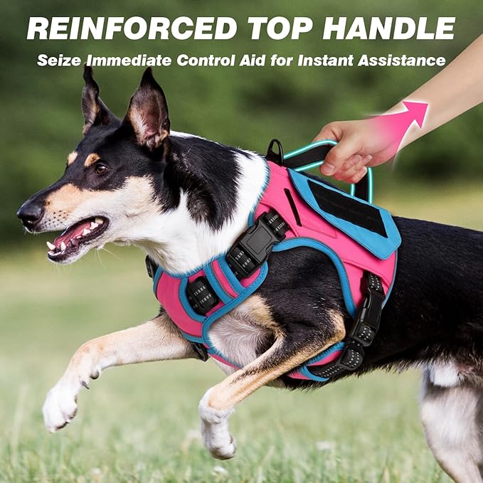 WINGOIN Tactical Dog Harness for Medium Dogs, No Pull Harness with Handle Pockets Poop Bag, Reflective Dog Vest, Military Service Heavy Duty Big Dog Harness for Walking Hiking Training, Pink Blue, M