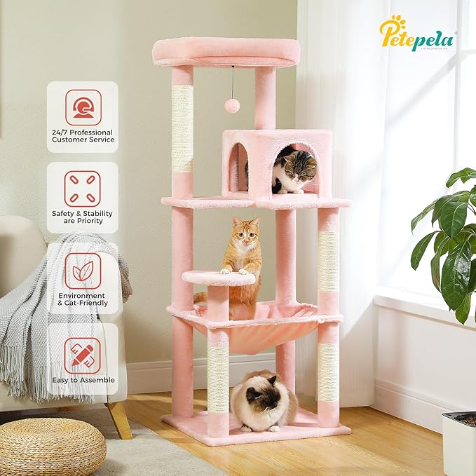 PETEPELA 56.3'' Tall Cat Tree for Indoor Cats, Multi-Level Cat Tower with Super Large Hammock (20''X16''), Sisal Covered Scratching Posts, Cozy Condo and Top Perch,Pink