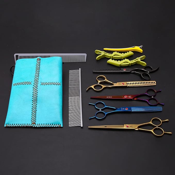 Dog Grooming Scissors Storage Bag: Hand-stitched, Show-quality Head Layer Calf Leather, Holds 5 Pairs of Dog Grooming Scissors Blue
