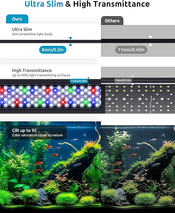 SEAOURA Plant Growth Aquarium Light, 24/7 Custom Timer, Power-Off Memory, 48-54in Full Spectrum Aquarium Plant Lights, 7-Row LED 8 Colors, 20 Adjustable Brightness, Day & Night Cycle for Freshwater